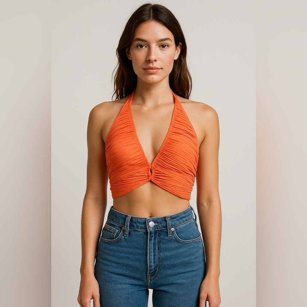 Sincerely Jules Orange Crinkle Pleated Halter Crop Top Ruched Boho Coastal L